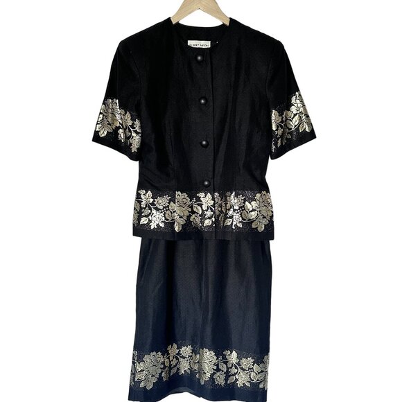 Vintage Albert Nipon Black & Gold Floral Embroidered Linen Skirt Suit Women's 8 - Picture 2 of 11